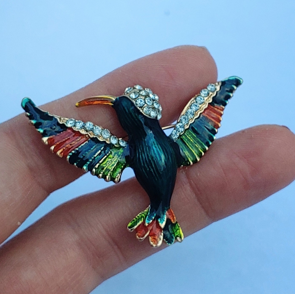 Enamel Gold Plated Crystal Hummingbird Brooch Pin